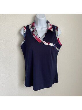 Izod Golf Womens Small Navy Pullover Top Zip Sleeveless Collar Geo Trim